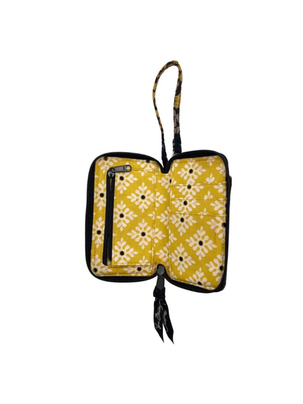 Vera Bradley Black Yellow Floral Print Wristlet Wallet ID Window Slots Zippered - Picture 3 of 6